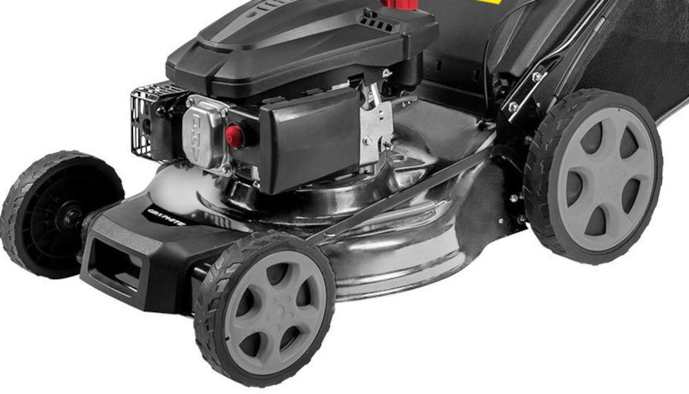 GRAPHITE niewielka waga kółka transportowe komfort silnik wydajny podwójne ostrze efektywna praca gęsta trawa szerokość koszenia ogród