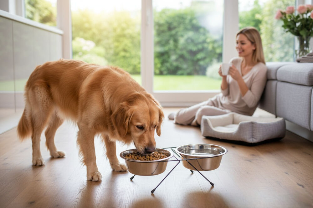Miska dla psa TRIXIE 248333 2 x 1.8 l pies jedzący z miski w tle przy oknie uśmiechnieta osoba