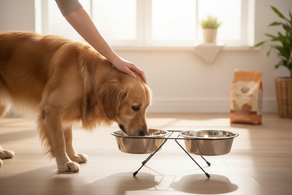 Miska dla psa TRIXIE 248333 2 x 1.8 l głaskany pies jedzący z miski w tle opakowanie karmy