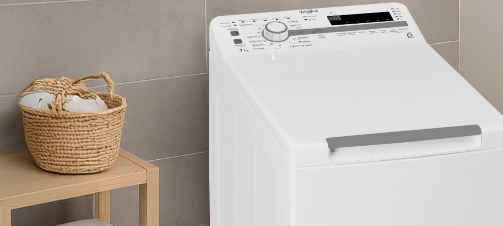 PRALKA WHIRLPOOL MTDLR 7220SS PL/N Kadr ukazuje wnętrze pralki ładowanej od góry, otwartej od góry. Widać konstrukcję bębna przygotowanego do załadunku energooszczędność skuteczne pranie 6,5 kg 12 programów