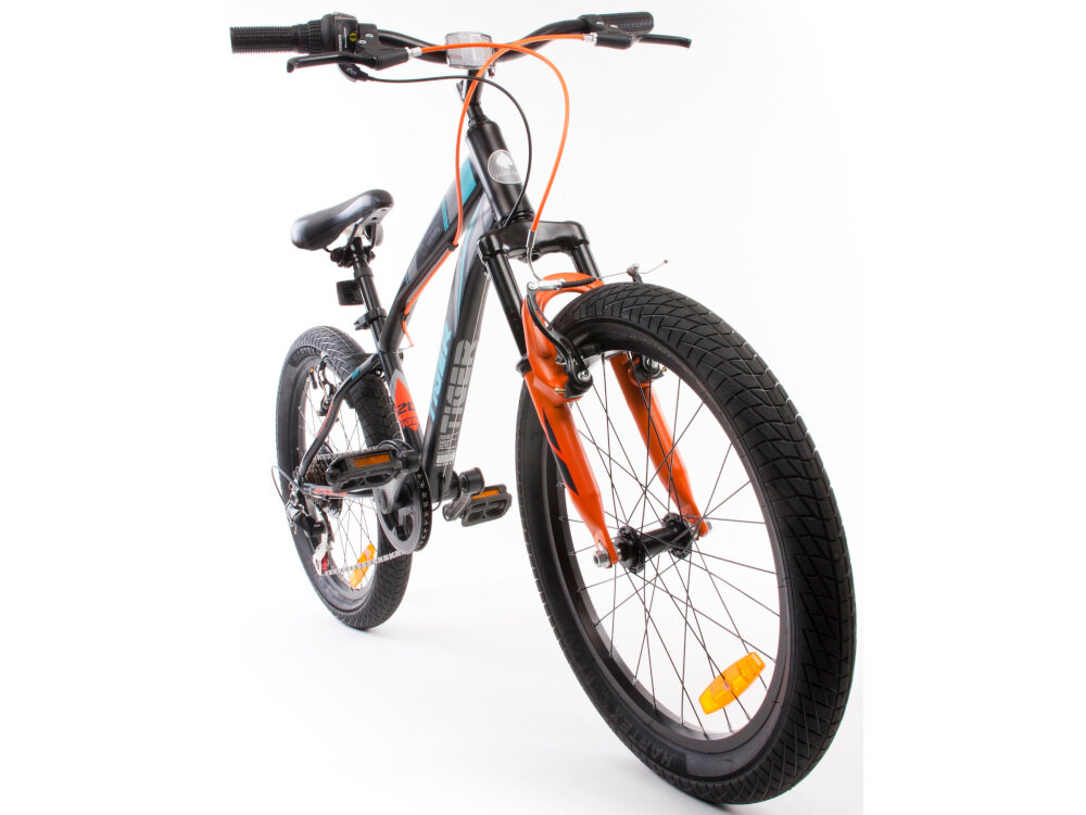 Rower dziecięcy SUN BABY Tiger Bike 20 cali dla chłopca Czarno-turkusowy w klasycznej czerni z turkusowymi akcentami dla chłopców w wieku od 5 do 8 lat liczne elementy poprawiające wygodę korzystania podzespoły SHIMANO odblaski