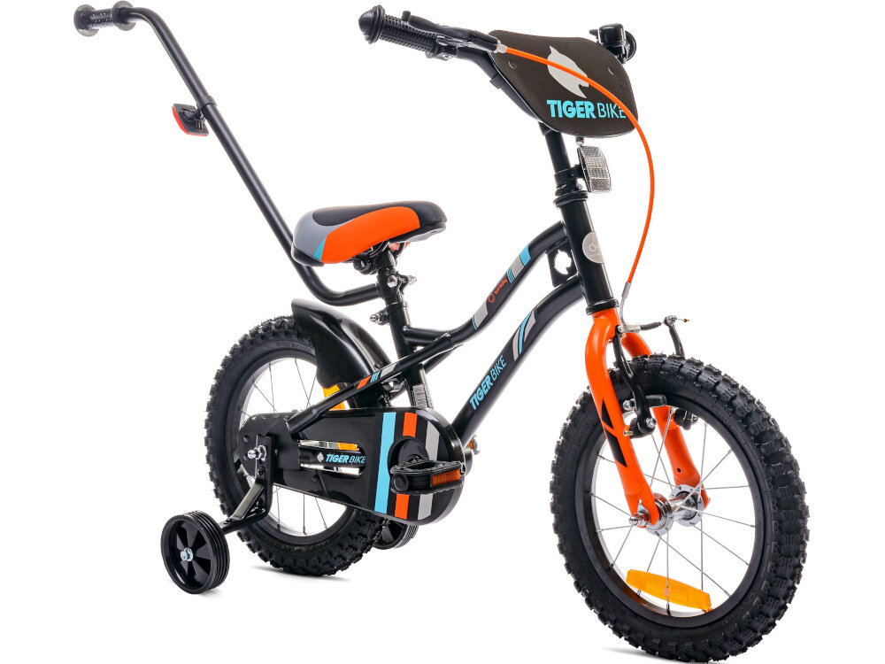 Rower dziecięcy SUN BABY Tiger Bike 16 cali dla chłopca Pomarańczowo-turkusowy pięknie wykończony dopracowany od strony technicznej i wzorniczej dla chłopców liczne elementy poprawiające komfort osłona łańcucha odkręcane kółka boczne błotniki w czarnym kolorze z pomarańczowymi i turkusowymi akcentami