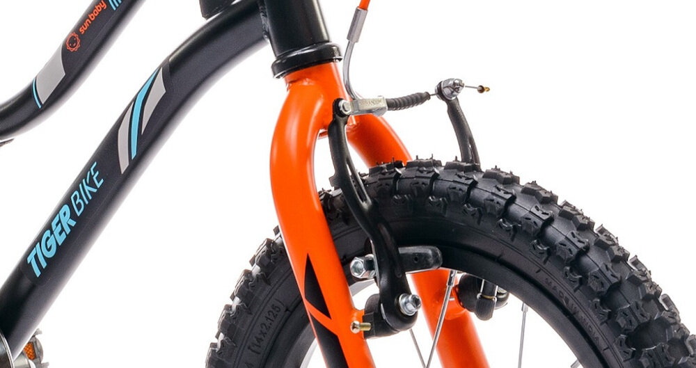 Rower dziecięcy SUN BABY Tiger Bike 16 cali dla chłopca Pomarańczowo-turkusowy przedni hamulec typu V-Brake tylny hamulec Torpedo