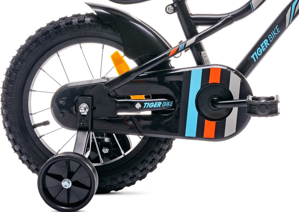 Rower dziecięcy SUN BABY Tiger Bike 16 cali dla chłopca Pomarańczowo-turkusowy osłona na łańcuch kolorowa komplet odblasków boczne kółka