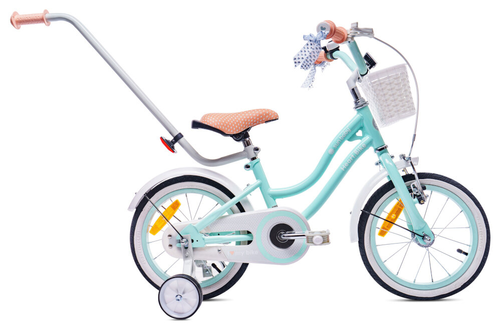 Rower dziecięcy SUN BABY Heart Bike 16 cali dla dziewczynki Miętowy pięknie wykończony dopracowany od strony technicznej i wzorniczej dla dziewczynek liczne elementy poprawiające komfort osłona łańcucha odkręcane kółka boczne błotniki w miętowym kolorze