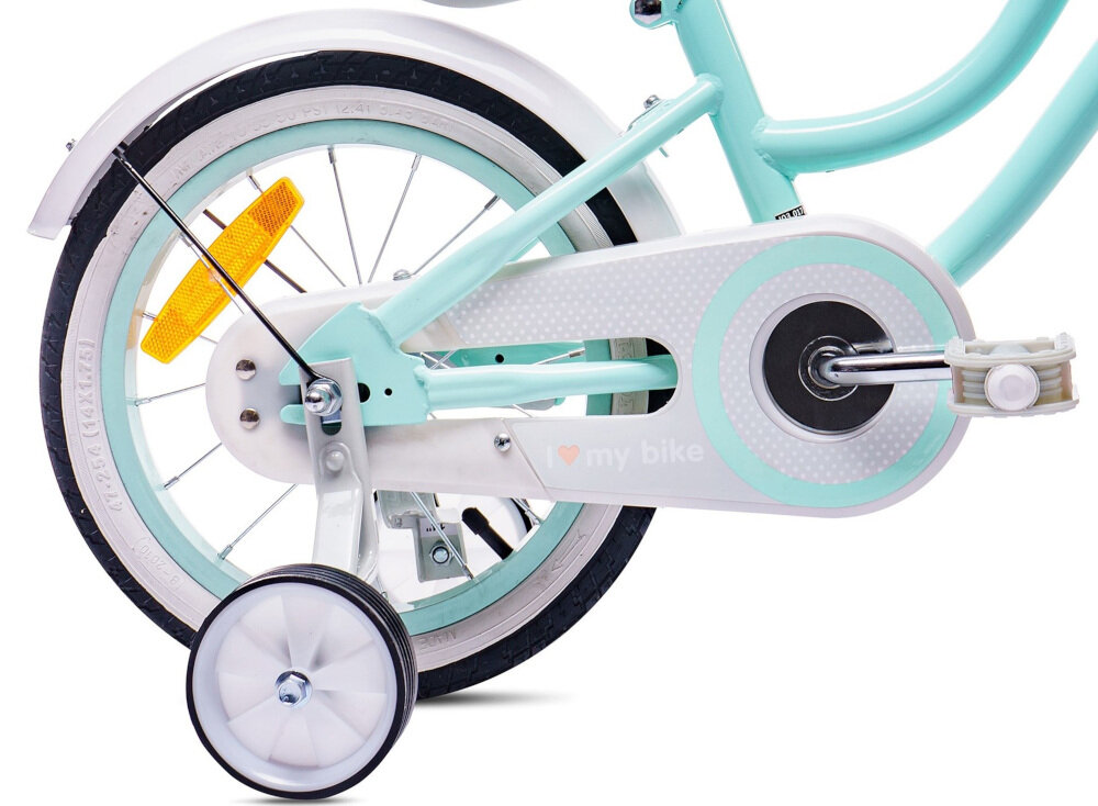 Rower dziecięcy SUN BABY Heart Bike 16 cali dla dziewczynki Miętowy osłona na łańcuch kolorowa komplet odblasków boczne kółka