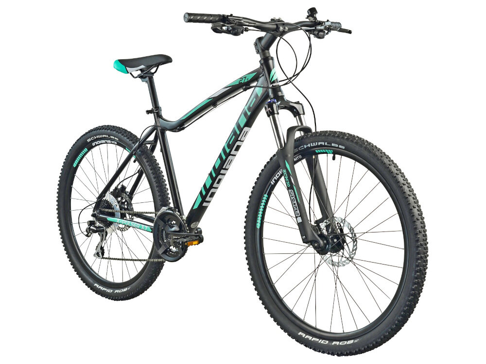 Rower górski MTB INDIANA X-Pulser 3.7 D17 27.5 cala damski Czarno-zielony w czarnym kolorze z zielonymi akcentami dla kobiet liczne elementy poprawiające wygodę korzystania amortyzator podzespoły SHIMANO ciekawy kształt kolorystyka wygoda i bezpieczeństwo