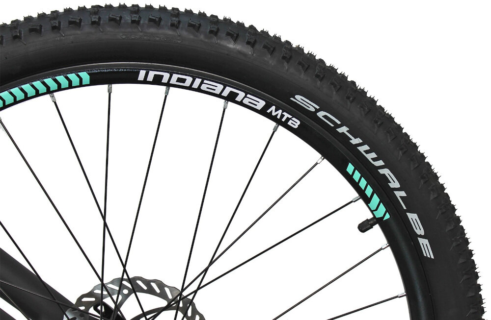Rower górski MTB INDIANA X-Pulser 3.7 D17 27.5 cala damski Czarno-zielony duże 27,5-calowe koła na dwuściankowych obręczach grube opony marki SCHWALBE wytrzymałe na uszkodzenia doskonale tłumią drgania