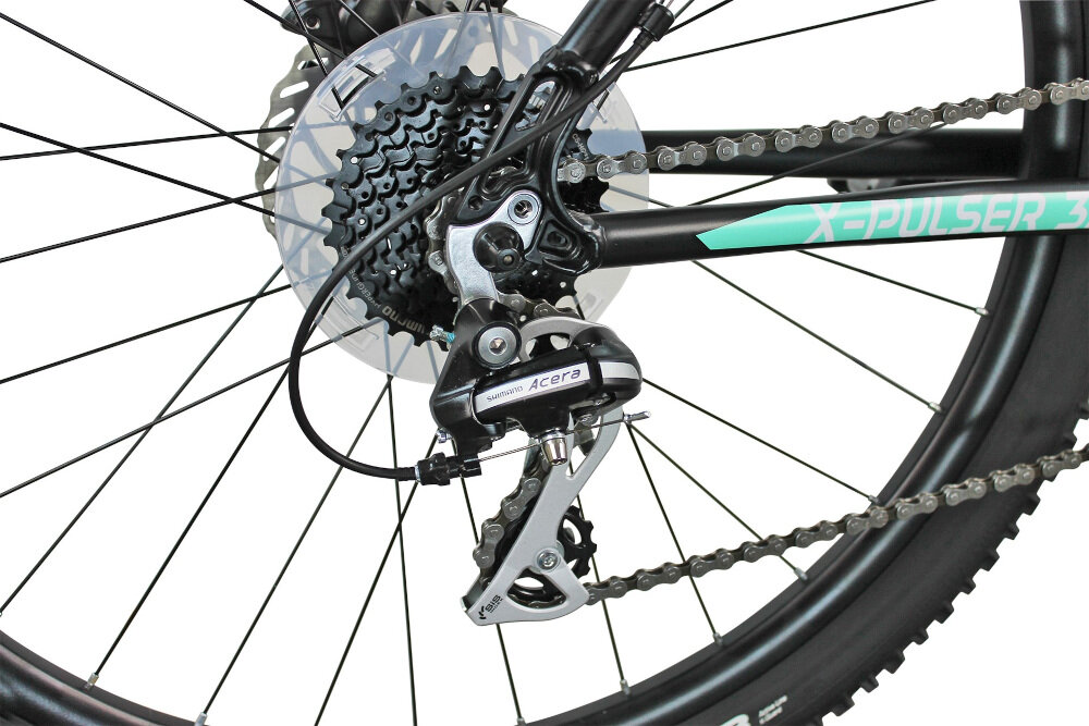 Rower górski MTB INDIANA X-Pulser 3.7 D17 27.5 cala damski Czarno-zielony przerzutki na przód i tył SHIMANO 24 biegi przerzutka przednia SHIMANO Tourney przerzutka tylna SHIMANO Acera