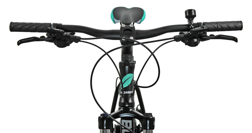 Rower górski MTB INDIANA X-Pulser 3.7 D17 27.5 cala damski Czarno-zielony kierownica marki MODE aluminiowy wspornik manetki pokryte gumowym materiałem dzwonek