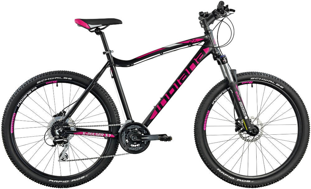 Rower górski MTB INDIANA X-Pulser 3.7 D19 27.5 cala damski Czarny w czarnym kolorze z różowymi akcentami dla kobiet liczne elementy poprawiające wygodę korzystania amortyzator podzespoły SHIMANO ciekawy kształt kolorystyka wygoda i bezpieczeństwo