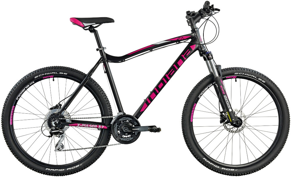 Rower górski MTB INDIANA X-Pulser 3.7 D21 27.5 cala damski Czarny w czarnym kolorze z różowymi akcentami dla kobiet liczne elementy poprawiające wygodę korzystania amortyzator podzespoły SHIMANO ciekawy kształt kolorystyka wygoda i bezpieczeństwo