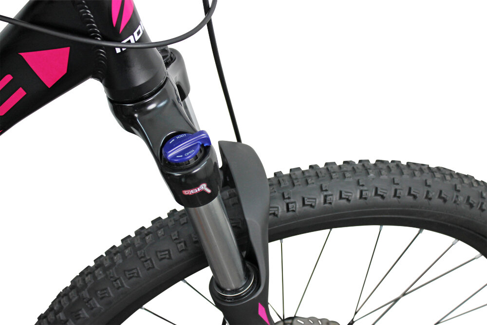 Rower górski MTB INDIANA X-Pulser 3.7 D17 27.5 cala damski Czarny amortyzator na przód marki SUNTOUR zniweluje nierówności w trudnych terenach jazda będzie przyjemniejsza i płynna