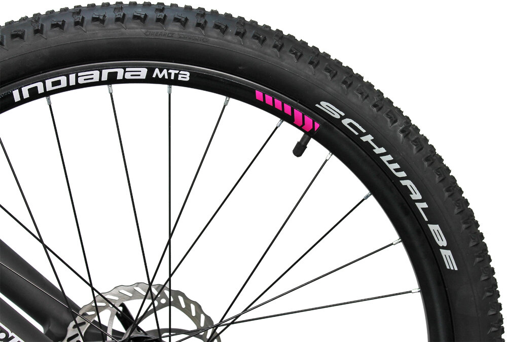 Rower górski MTB INDIANA X-Pulser 3.7 D17 27.5 cala damski Czarny duże 27,5-calowe koła na dwuściankowych obręczach grube opony marki SCHWALBE wytrzymałe na uszkodzenia doskonale tłumią drgania