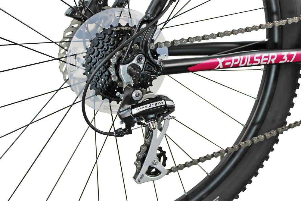 Rower górski MTB INDIANA X-Pulser 3.7 D17 27.5 cala damski Czarny przerzutki na przód i tył SHIMANO 24 biegi przerzutka przednia SHIMANO Tourney przerzutka tylna SHIMANO Acera