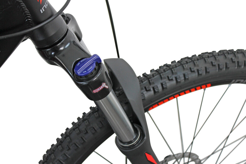 Rower górski MTB INDIANA X-Pulser 2.9 M21 29 cali męski Czarno-czerwony amortyzator przedni marki SUNTOUR zniweluje nierówności w trudnych terenach