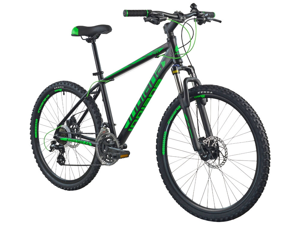Rower górski MTB INDIANA X-Pulser 2.6 M17 26 cali męski Czarno-zielony dla mężczyzn liczne elementy poprawiające wygodę korzystania amortyzator podzespoły SHIMANO wygodny bezpieczny