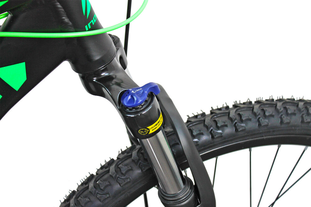 Rower górski MTB INDIANA X-Pulser 2.6 M17 26 cali męski Czarno-zielony amortyzator przedni marki ZOOM zniweluje nierówności w trudnych terenach
