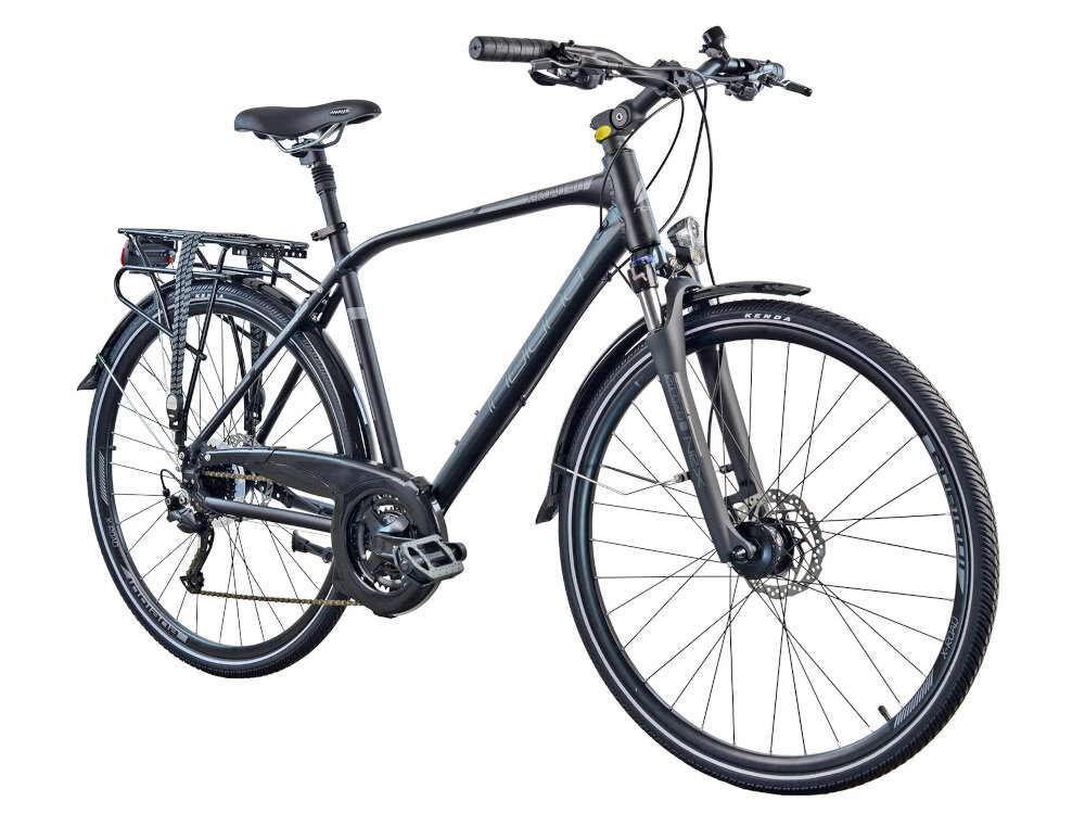 Rower trekkingowy INDIANA X-Road 4.0 M23 28 cali męski Czarny w czarnym kolorze liczne elementy poprawiające komfort korzystania amortyzator bagażnik podzespoły SHIMANO ciekawy kształt kolorystyka wygodny bezpieczny do jazdy po górzystych terenach
