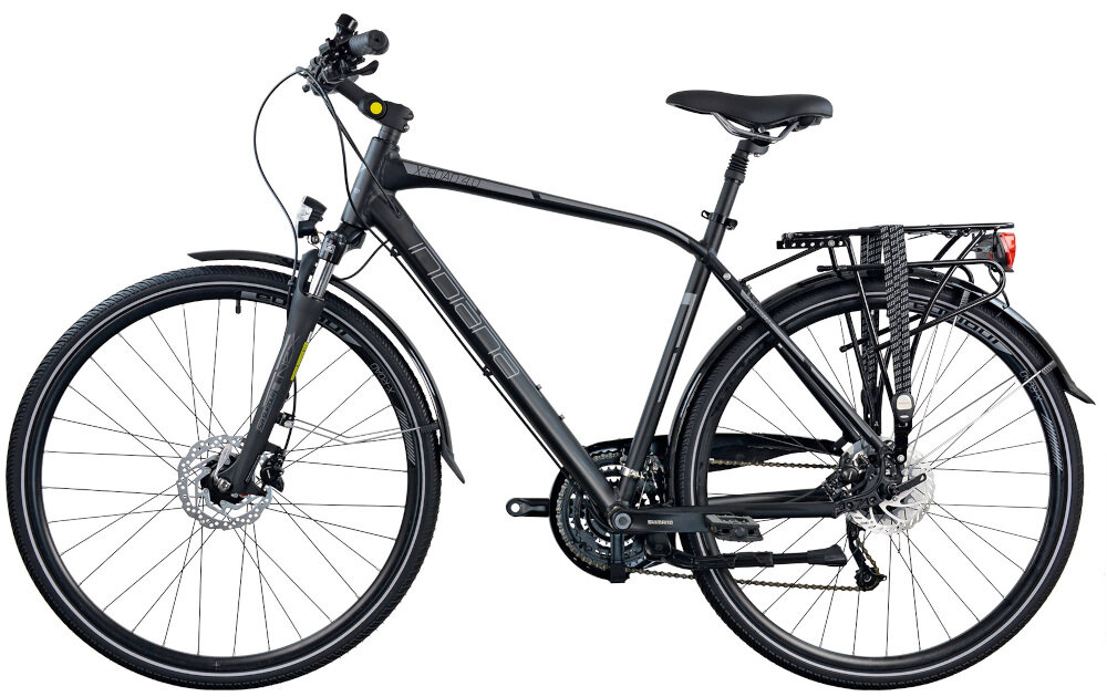 Rower trekkingowy INDIANA X-Road 4.0 M23 28 cali męski Czarny w zestawie dzwonek bagażnik odblaski stopka linki do bagażnika instrukcja obsługi i montażu karta gwarancyjna