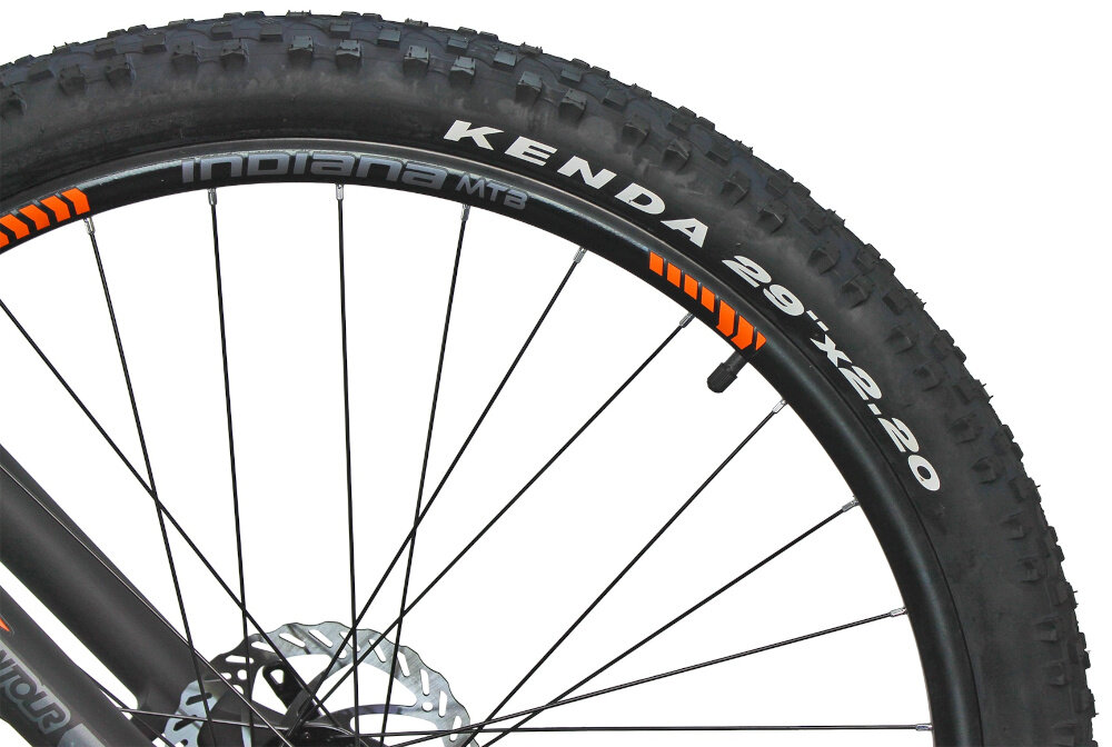 Rower górski MTB INDIANA X-Pulser 3.9 M19 29 cali męski Czarno-pomarańczowy koła duże 29-calowe na obręczach marki BERRETTA opony marki KENDA wytrzymałe na uszkodzenia doskonale tłumią drgania