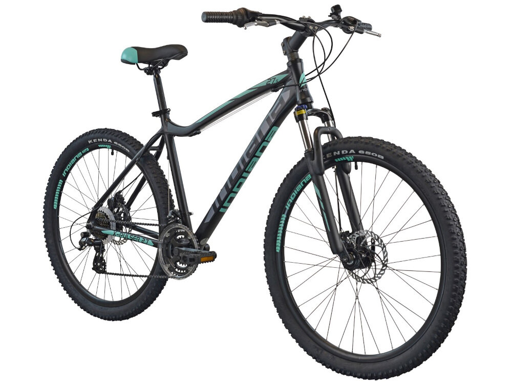 Rower górski MTB INDIANA X-Pulser 2.7 D15 27.5 cala damski Czarno-miętowy w klasycznej czerni z miętowymi akcentami dla kobiet liczne elementy poprawiające wygodę korzystania amortyzator dzwonek podzespoły SHIMANA ciekawy kształt kolorystyka wygoda bezpieczeństwo