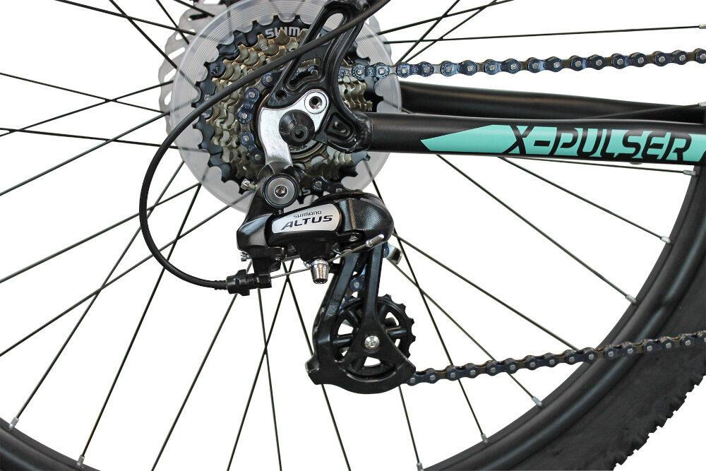 Rower górski MTB INDIANA X-Pulser 2.7 D15 27.5 cala damski Czarno-miętowy przerzutki na przód i na tył SHIMANA 21 biegów przerzutka przednia SHIMANO Tourney przerzutka tylna SHIMANO Altus
