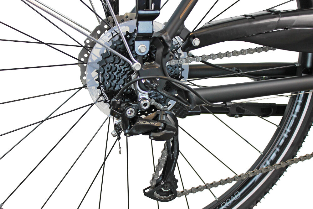 Rower trekkingowy INDIANA X-Road 5.0 M23 28 cali męski Czarno-brązowy przerzutki na przód i na tył SHIMANO przerzutka przednia SHIMANO Altus przerzutka tylna SHIMANO Alivio 27 biegów