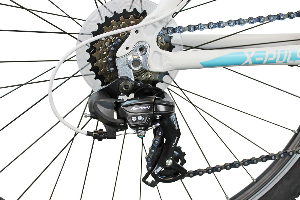 Rower górski MTB INDIANA X-Pulser 1.7 D17 27.5 cala damski Biało-niebieski przerzutki na przód i na tył marki SHIMANO Tourney 18 biegów manetka SHIMANO RevoShift