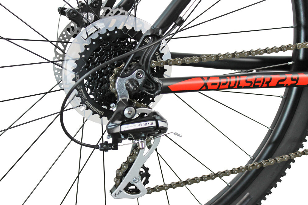 Rower górski MTB INDIANA X-Pulser 2.9 M23 29 cali męski Czarno-czerwony przerzutki na przód i na tył marki SHIMANO 24 biegi przednia przerzutka SHIMANO Tourney tylna przerzutka SHIMANO Acera