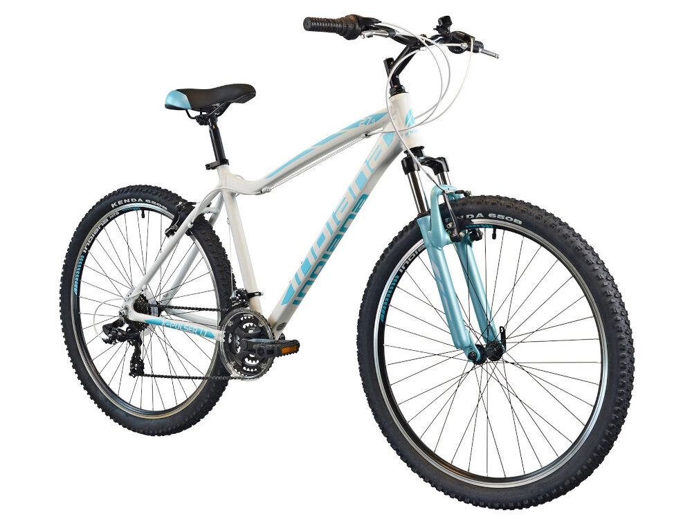 Rower górski MTB INDIANA X-Pulser 1.7 D15 27.5 cala damski Biało-niebieski w biało-niebieskim kolorze dla kobiet liczne elementy poprawiające komfort korzystania amortyzator podzespoły SHIMANO ciekawy kształyt i kolorystyka wygoda bezpieczeństwo do jazdy po górzystych terenach