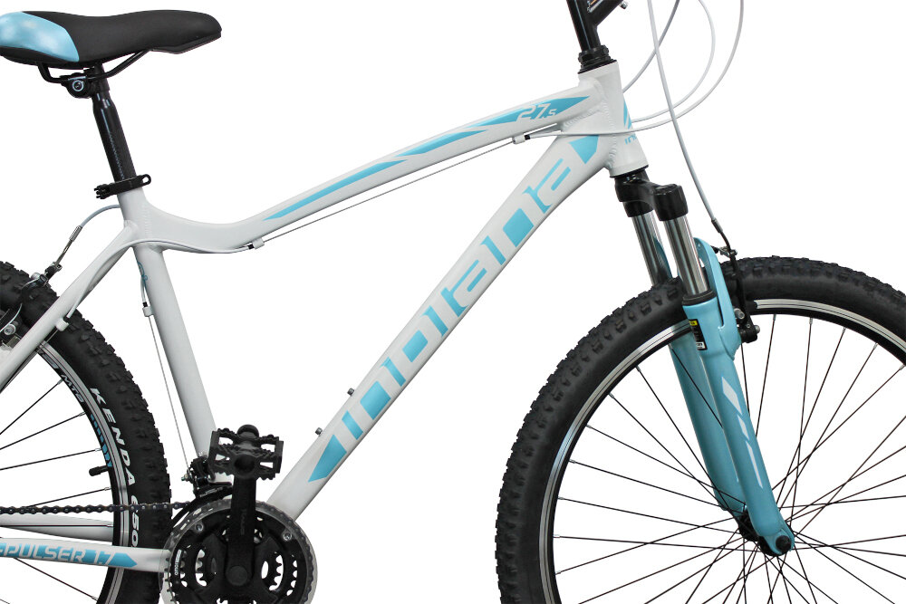 Rower górski MTB INDIANA X-Pulser 1.7 D15 27.5 cala damski Biało-niebieski rama aluminiowa 15-calowa lekka odporność na korozję i uszkodzenia mechaniczne