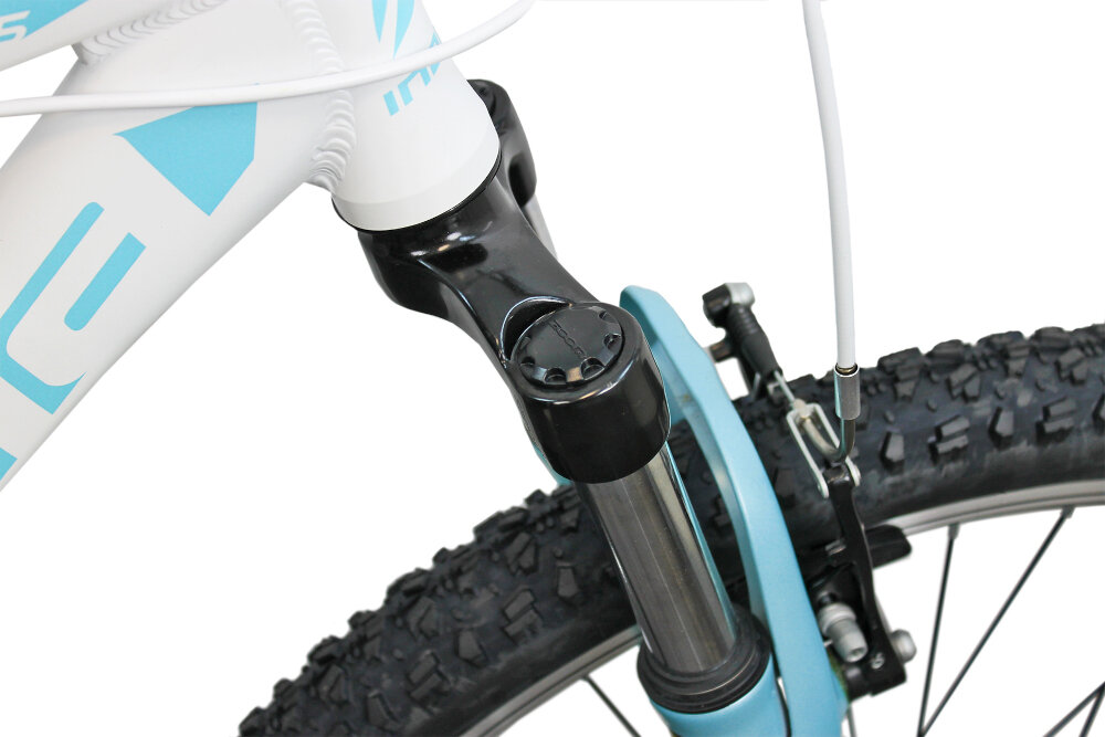 Rower górski MTB INDIANA X-Pulser 1.7 D15 27.5 cala damski Biało-niebieski amortyzator przedni marki ZOOM zniweluje nierówności w trudnych terenach jazda będzie przyjemniejsza i płynna