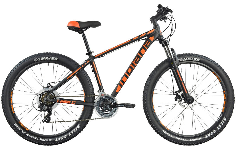 Rower górski MTB INDIANA X-Enduro 2.7 M15 27.5 cala męski Czarno-pomarańczowy w czarnym kolorze z pomarańczowymi akcentami dla mężczyzn liczne elementy poprawiające wygodę korzystania amortyzator podzespoły SHIMANO ciekawy kształt kolorystyka wygoda i bezpieczeństwo
