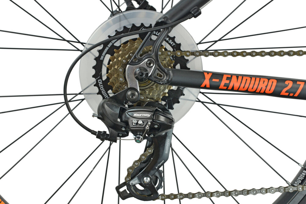 Rower górski MTB INDIANA X-Enduro 2.7 M15 27.5 cala męski Czarno-pomarańczowy przerzutki na przód i tył marki SHIMANO Tourney 21 biegów manetki SHIMANO