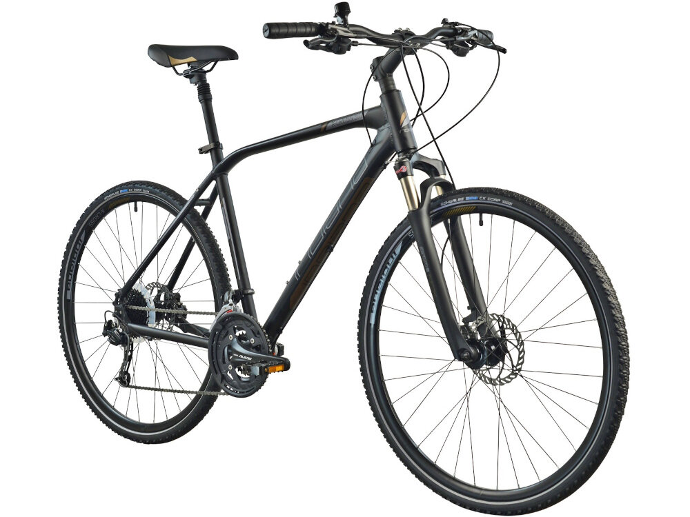 Rower crossowy INDIANA X-Cross 5.0 M23 męski Czarno-brązowy w czarnym kolorze z brązowymi akcentami liczne elementy poprawiające wygodę korzystania amortyzator podzespoły SHIMANO ciekawy kształt i kolorystyka wygodny bezpieczny do jazdy po górzystych terenach