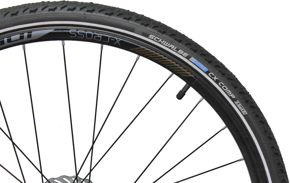Rower crossowy INDIANA X-Cross 5.0 M23 męski Czarno-brązowy koła 28-calowe duże osadzone na dwuściankowych obręczach opony SCHWALBE wytrzymałe na uszkodzenia doskonale tłumią drgania