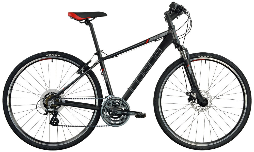 Rower crossowy INDIANA X-Cross 2.0 M19 męski Czarny w czarnym kolorze z czerwonymi akcentami dla mężczyzn liczne elementy poprawiające wygodę korzystania amortyzator podzespoły SHIMANO wygoda bezpieczeństwo