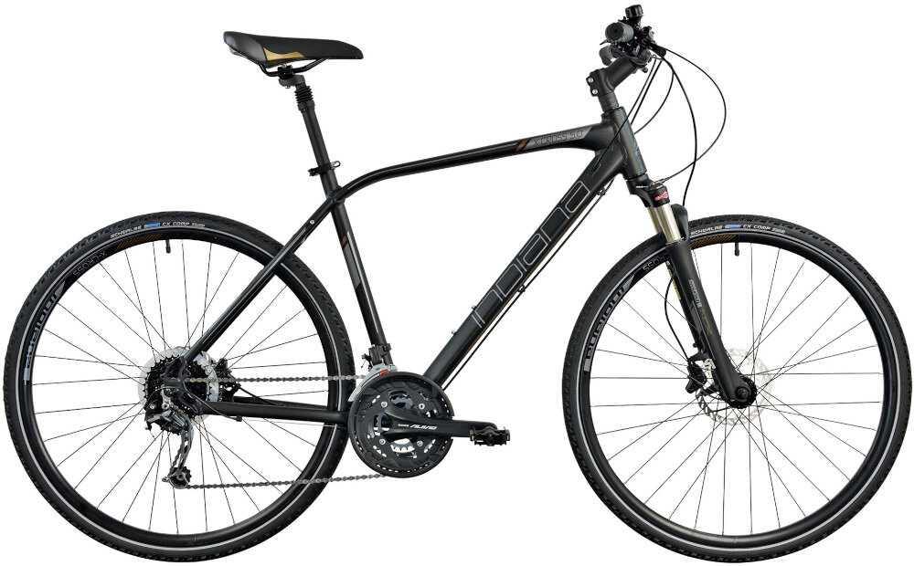 Rower crossowy INDIANA X-Cross 5.0 M19 męski Czarny w czarnym kolorze z brązowymi akcentami liczne elementy poprawiające wygodę korzystania amortyzator podzespoły SHIMANO wygodny bezpieczny