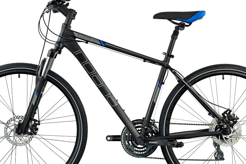 Rower crossowy INDIANA X-Cross 3.0 M21 męski Czarno-niebieski rozmiar ramy aluminiowa 21-calowa lekka odporność na korozję i uszkodzenia mechaniczne