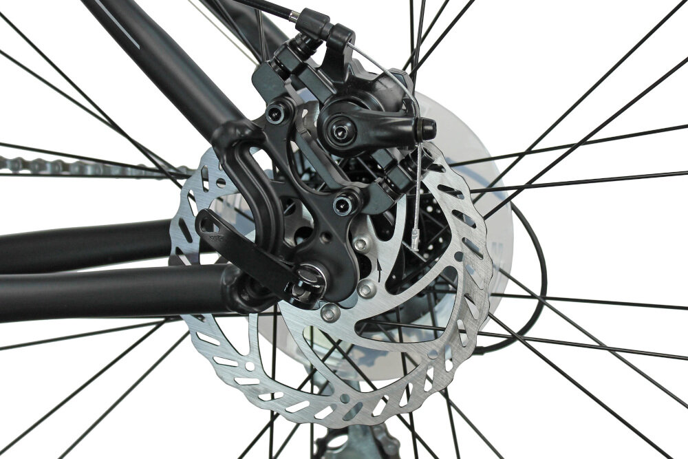 Rower crossowy INDIANA X-Cross 3.0 M21 męski Czarno-niebieski hamulce mechaniczno-tarczowe na przód marki JOYSUN i na tył marki SHIMANO niezawodne lekkie szybki czas reakcji bezawaryjne doskonale działają na każdej nawierzchni