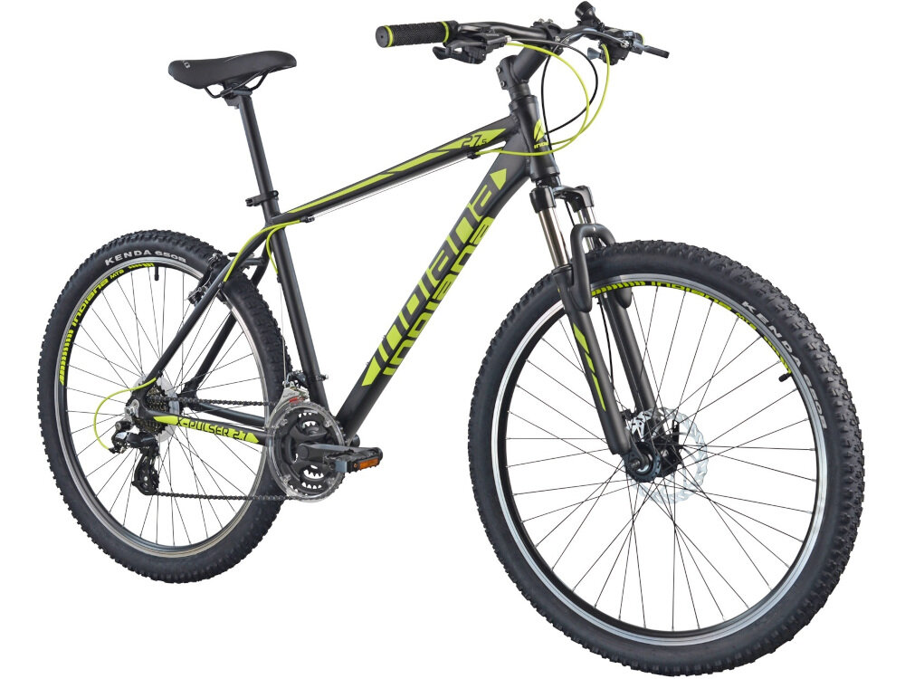 Rower górski MTB INDIANA X-Pulser 2.7 M19 27.5 cala męski Czarno-żółty w klasycznej czerni z żółtymi akcentami dla mężczyzn liczne elementy poprawiające wygodę korzystania amortyzator dzwonek podzespoły SHIMANA ciekawy kształt kolorystyka wygoda bezpieczeństwo