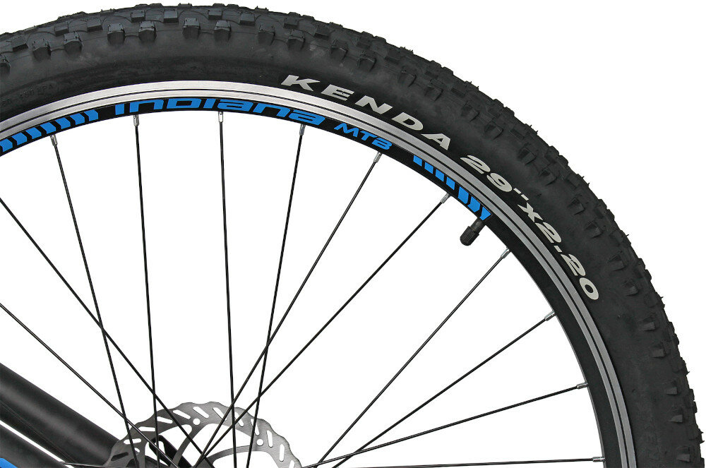 Rower górski MTB INDIANA X-Pulser 1.9 M19 29 cali męski Czarno-niebieski 29-calowe koła na aluminiowych piastach grube opony marki KENDA