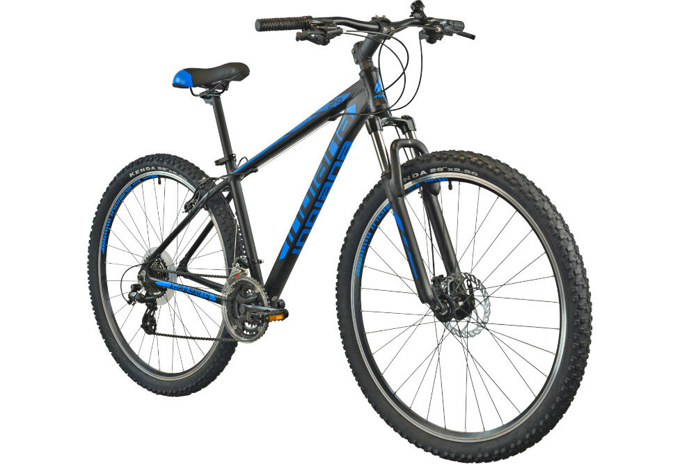 Rower górski MTB INDIANA X-Pulser 1.9 M21 29 cali męski Czarno-niebieski w czarnym kolorze z niebieskimi akcentami dla mężczyzn amortyzator podzespoły SHIMANO ciekawy kształt kolorystyka wygodny bezpieczny
