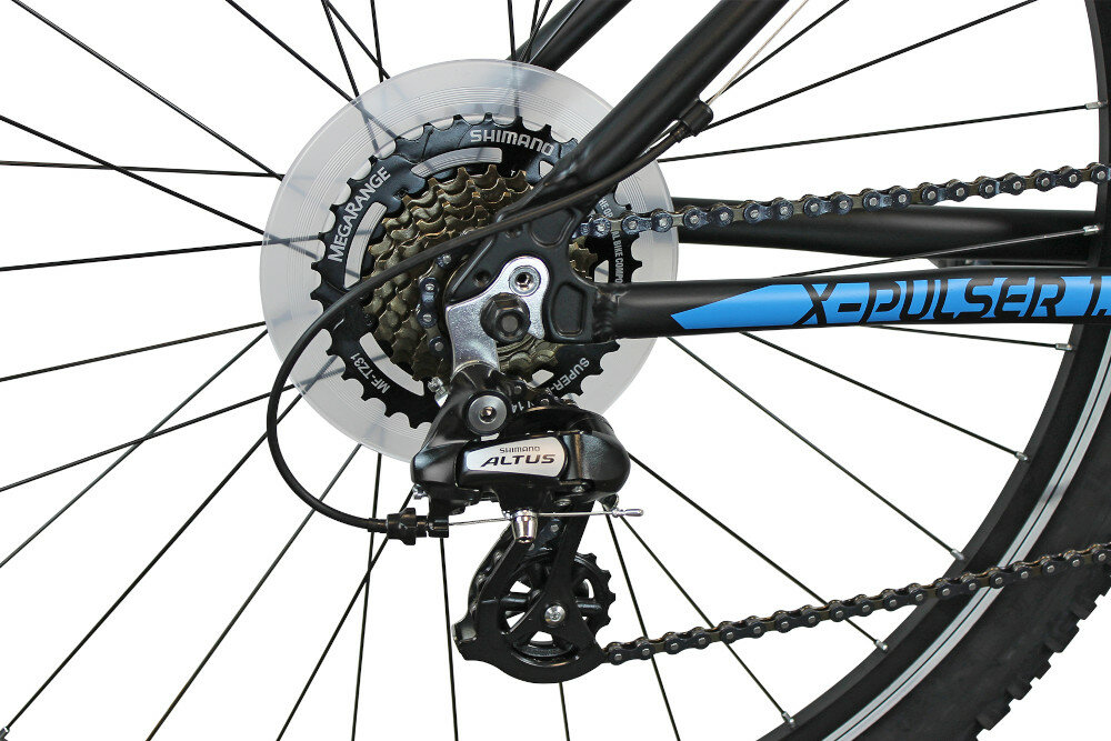 Rower górski MTB INDIANA X-Pulser 1.9 M21 29 cali męski Czarno-niebieski przerzutki na tył i przód marki SHIMANO przednia przerzutka SHIMANO Tourney tylna przerzutka SHIMANO Altus