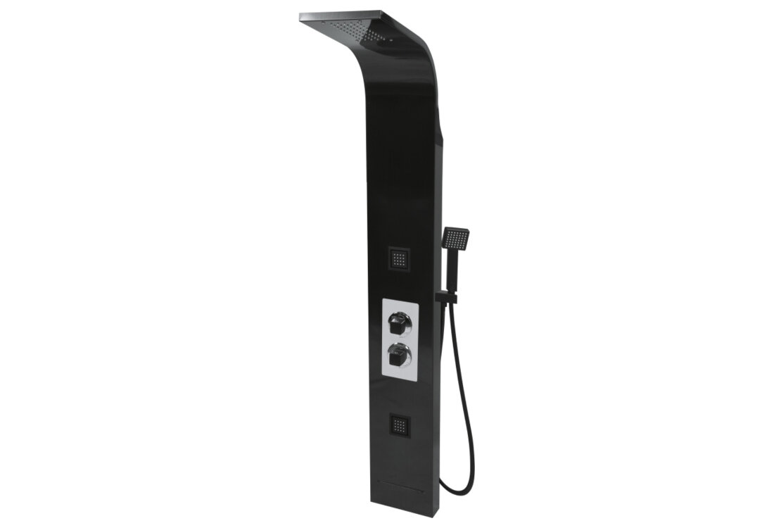 Zestaw prysznicowy natynkowy FALA Steely 4 75983 z deszczownicą Czarny panel kolor Black Titanium wykonanie wysoka jakość stal nierdzewna System Anti-Calc silikonowe gumki łatwe czyszczenie chromowane pokrętło dysze boczne cztery funkcje natrysku średnica wymiary Dysze ANTI-CALC wybór