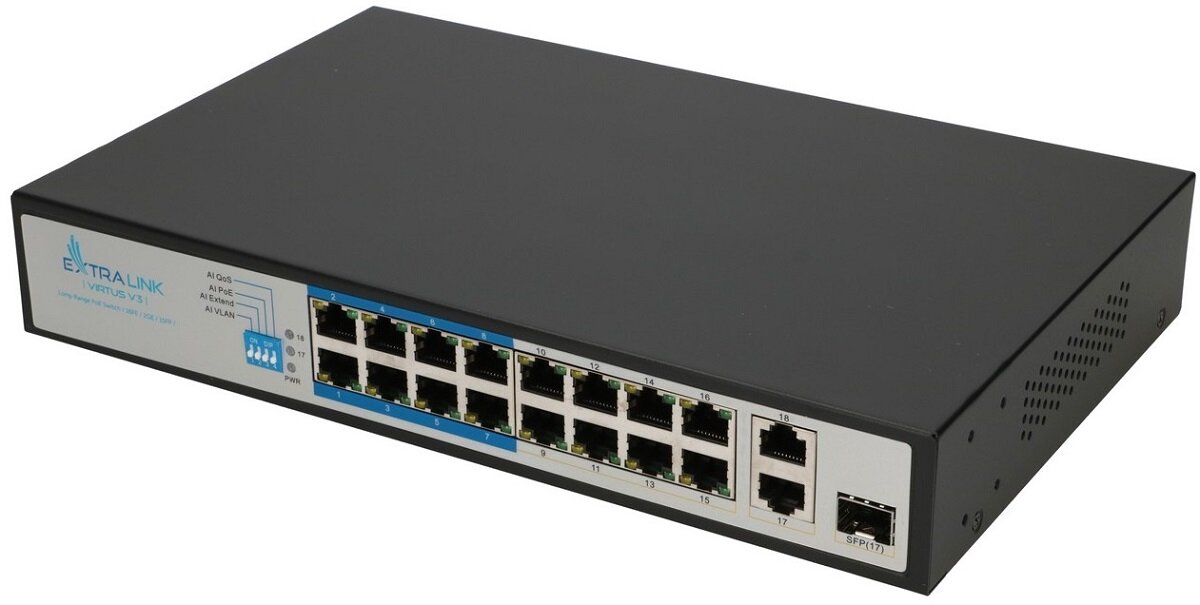 Switch EXTRALINK Virtus V3 Plug and Play z zasilaniem PoE niezawodny wszechstronny wydajny Tryb AI VLAN Tryb AI Extend Tryb AI PoETryb AI QOS