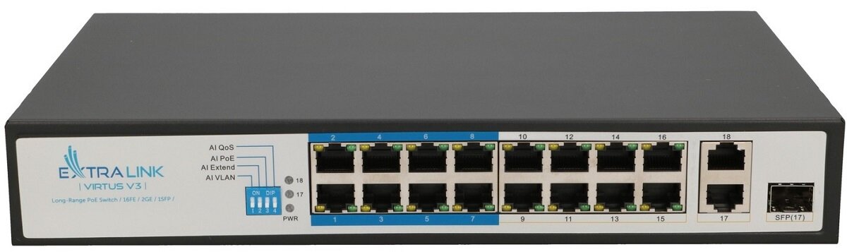 Switch EXTRALINK Virtus V3 Plug and Play z zasilaniem PoE niezawodny wszechstronny wydajny Tryb AI VLAN Tryb AI Extend Tryb AI PoETryb AI QOS