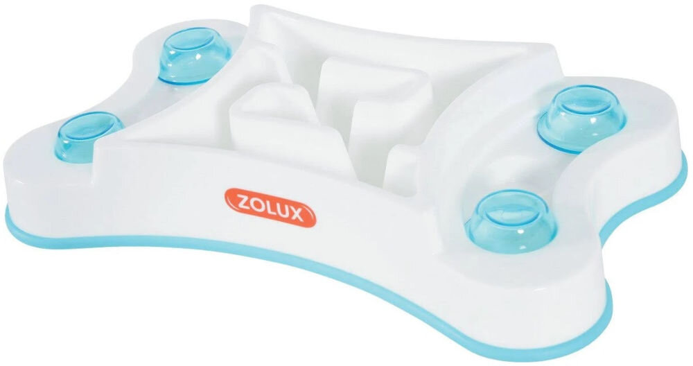 Miska spowalniająca dla psa i kota ZOLUX 474145 Biała miska spowalniająca dla zwierząt w kształcie kości z niebieskimi elementami i logo ZOLUX na boku. Miska posiada wypustki i zagłębienia, które utrudniają szybkie jedzenie