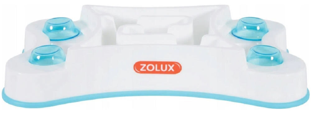 Miska spowalniająca dla psa i kota ZOLUX 474145 Biała miska spowalniająca z niebieskimi elementami, posiada logo ZOLUX na czerwonym tle. Miska ma nieregularny kształt z wypustkami, które utrudniają szybkie jedzenie